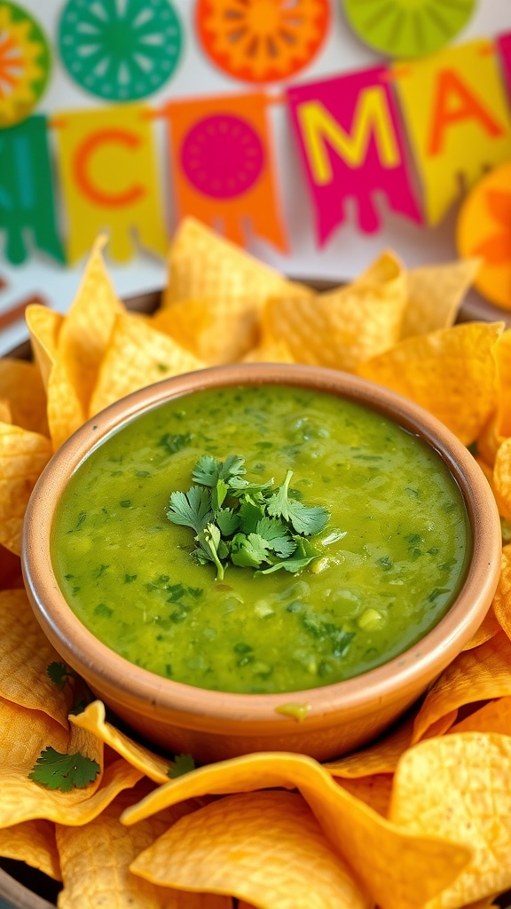 Crispy tortilla chips with a bowl of salsa verde on a colorful Cinco de Mayo-themed table.
